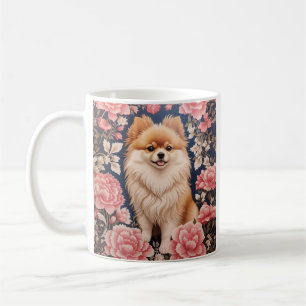 Cute Pomeranian Dog Pink Floral Coffee Mug