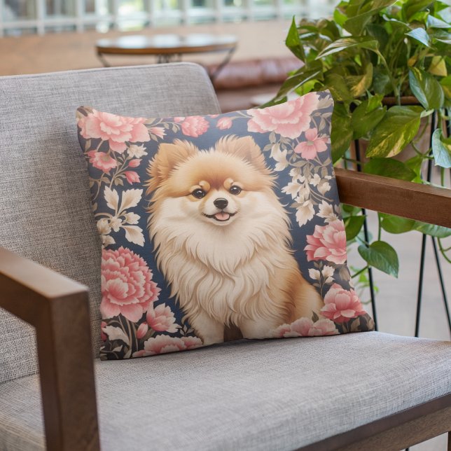 Cute Pomeranian Dog Pink Floral Cushion (Creator Uploaded)
