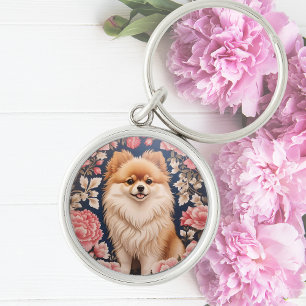 Cute Pomeranian Dog Pink Floral Key Ring