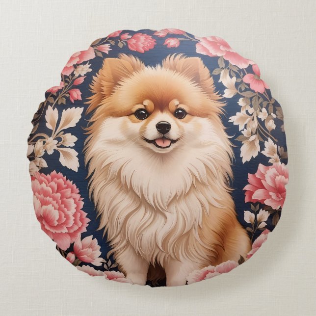 Cute Pomeranian Dog Pink Floral Round Cushion (Front)