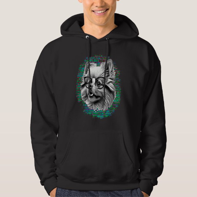 Cute Pomeranian Dog Wearing Nerd Glasses Funny Gra Hoodie (Front)