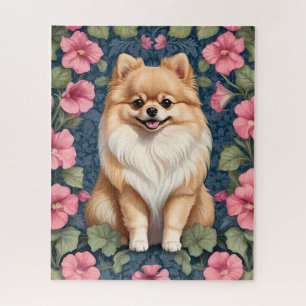 Cute Pomeranian Dog With Pink Petunias  Jigsaw Puzzle