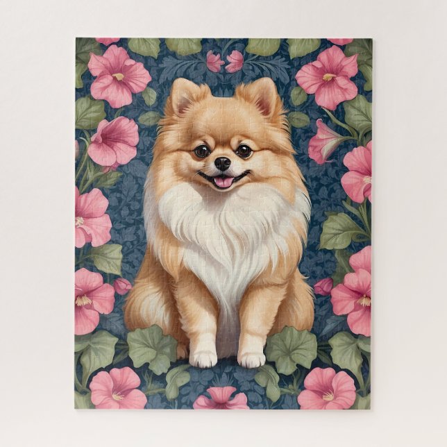 Cute Pomeranian Dog With Pink Petunias  Jigsaw Puzzle (Vertical)