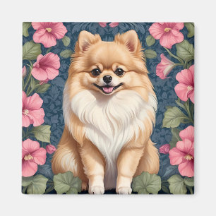 Cute Pomeranian Dog With Pink Petunias Magnet