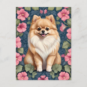 Cute Pomeranian Dog With Pink Petunias  Postcard