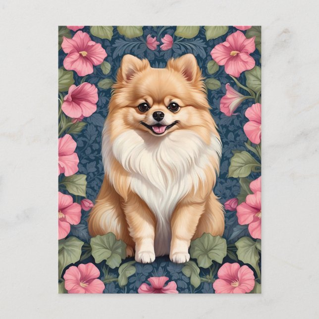 Cute Pomeranian Dog With Pink Petunias  Postcard (Front)