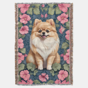 Cute Pomeranian Dog With Pink Petunias  Throw Blanket