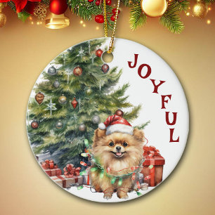 Cute Pomeranian Dog Wrapped in Christmas Lights Ceramic Ornament