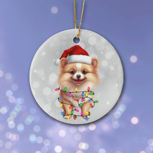 Cute Pomeranian Dog Wrapped in Christmas Lights  Ceramic Ornament