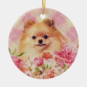 Cute Pomeranian German Spitz with Flowers Ceramic Ornament