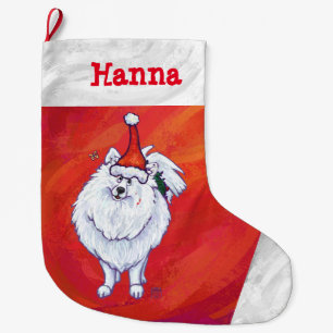 Cute Pomeranian in Santa Hat on Red Large Christmas Stocking