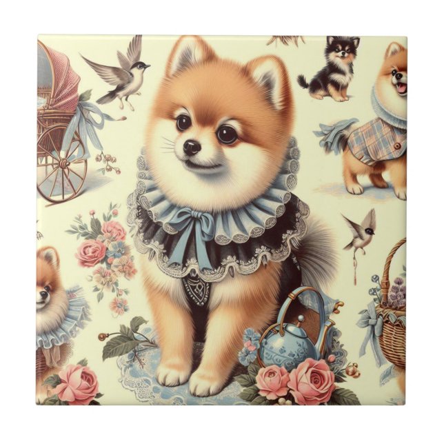 Cute Pomeranian Painting Ceramic Tile (Front)