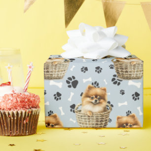 Cute Pomeranian Puppy in Basket Paw Print  Wrapping Paper