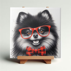 Cute Pomeranian Red Nerd Glasses Ceramic Tile