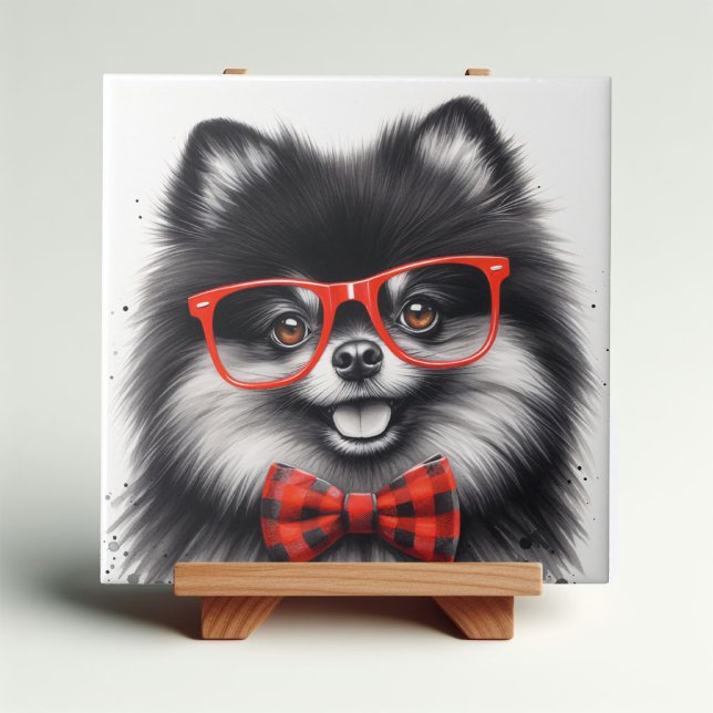 Cute Pomeranian Red Nerd Glasses Ceramic Tile (Creator Uploaded)