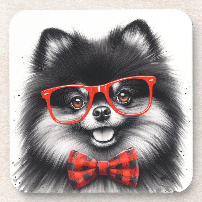 Cute Pomeranian Red Nerd Glasses Coaster (Front)