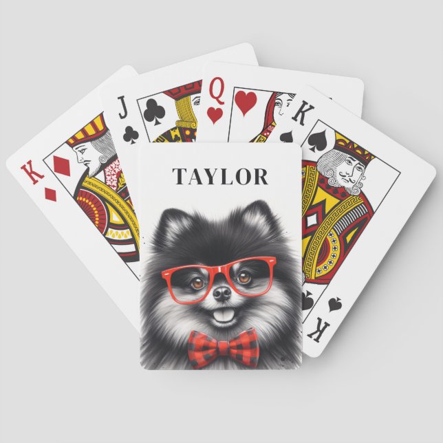 Cute Pomeranian Red Nerd Glasses Custom Name Playing Cards (Back)