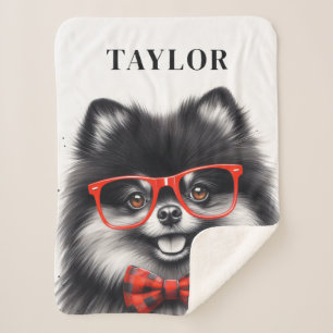 Cute Pomeranian Red Nerd Glasses Custom Name Sherpa Blanket