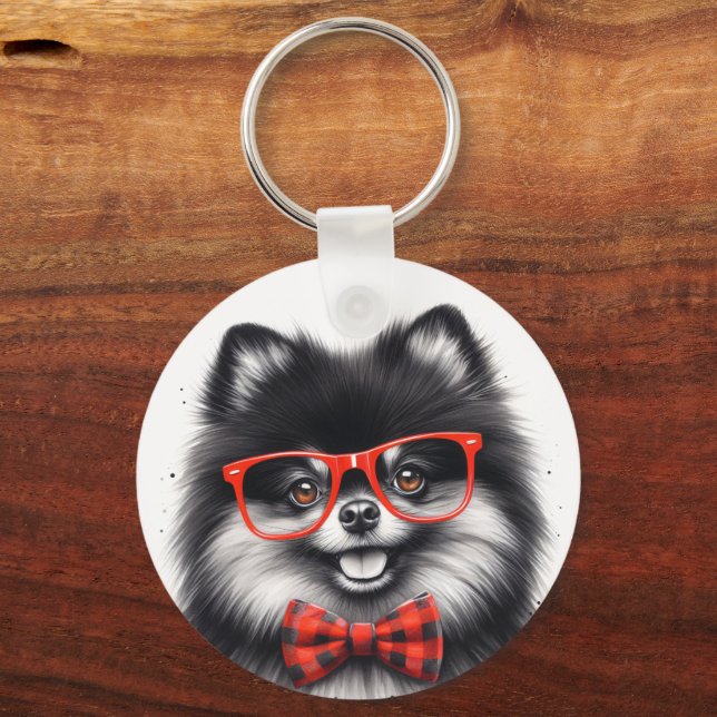 Cute Pomeranian Red Nerd Glasses Key Ring (Front)