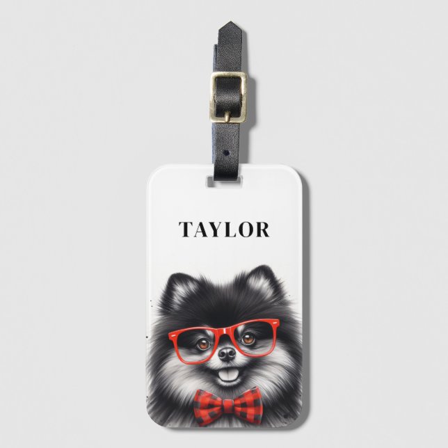 Cute Pomeranian Red Nerd Glasses Luggage Tag (Front Vertical)