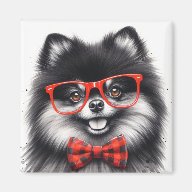 Cute Pomeranian Red Nerd Glasses Magnet (Front)
