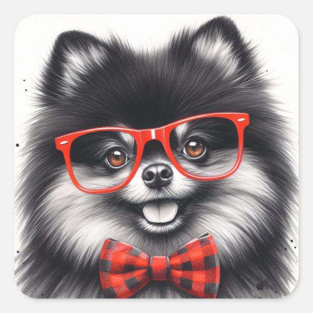 Cute Pomeranian Red Nerd Glasses Square Sticker (Front)