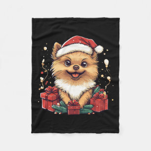 Cute Pomeranian Santa Hat Funny Christmas Pom Xmas Fleece Blanket