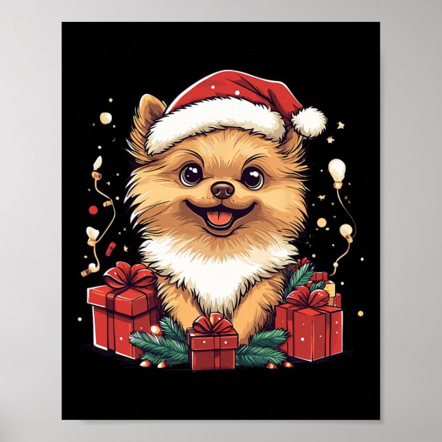 Cute Pomeranian Santa Hat Funny Christmas Pom Xmas Poster (Front)