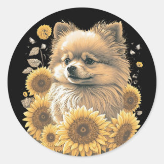 Cute Pomeranian Sunflower Lover Drawing Art Classic Round Sticker