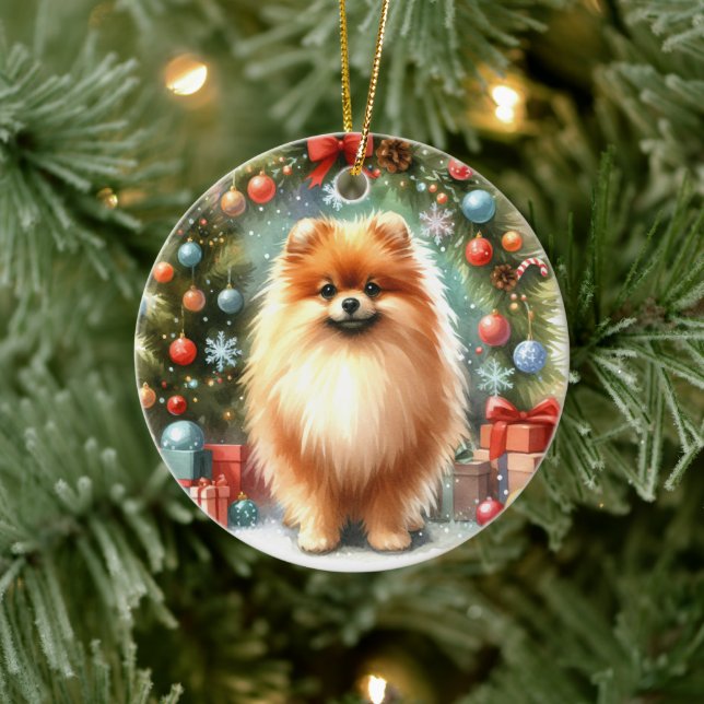 Cute Pomeranian Watercolor Festive Christmas Ceramic Ornament (Tree)