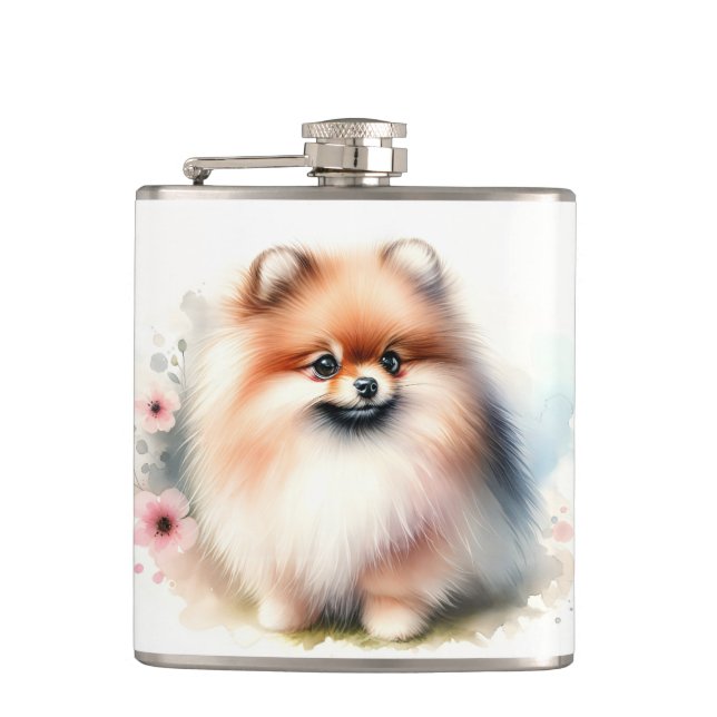 Cute Pomeranian watercolor illustration Hip Flask (Front)