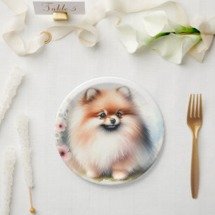 Cute Pomeranian watercolor illustration Paper Plate