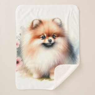 Cute Pomeranian watercolor illustration Sherpa Blanket