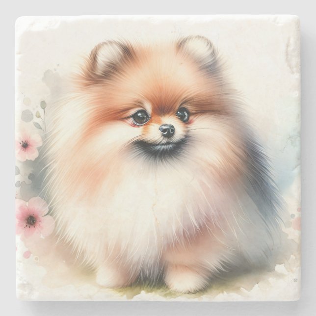 Cute Pomeranian watercolor illustration Stone Coaster (Front)