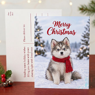 Cute Pomsky Puppy Husky Dog Lover Merry Christmas Holiday Postcard
