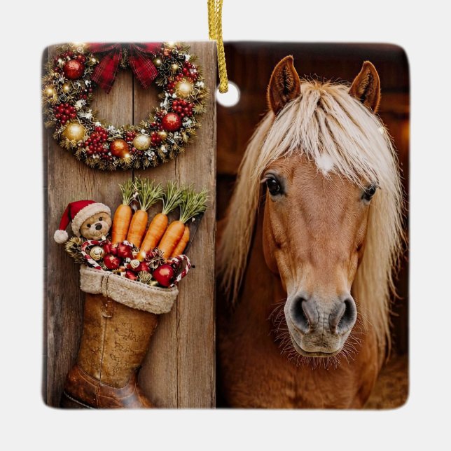 Cute Pony and Christmas Boot Stocking Ceramic Ornament (Front)