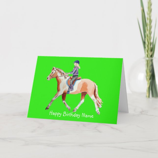 Cute Pony and Rider Trotting Green Birthday Card (Front)