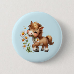 Cute Pony Eating Daisies 6 Cm Round Badge