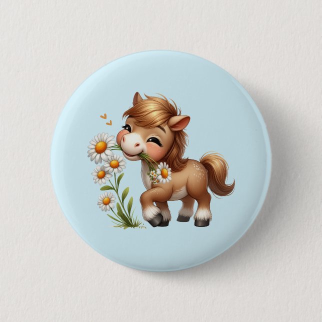 Cute Pony Eating Daisies 6 Cm Round Badge (Front)