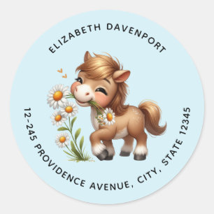Cute Pony Eating Daisies Address Classic Round Sticker