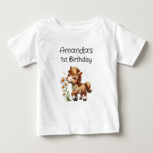 Cute Pony Eating Daisies Birthday Baby T-Shirt (Front)