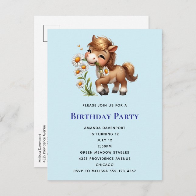 Cute Pony Eating Daisies Birthday Invitation Postcard (Front/Back)
