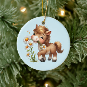 Cute Pony Eating Daisies Ceramic Ornament