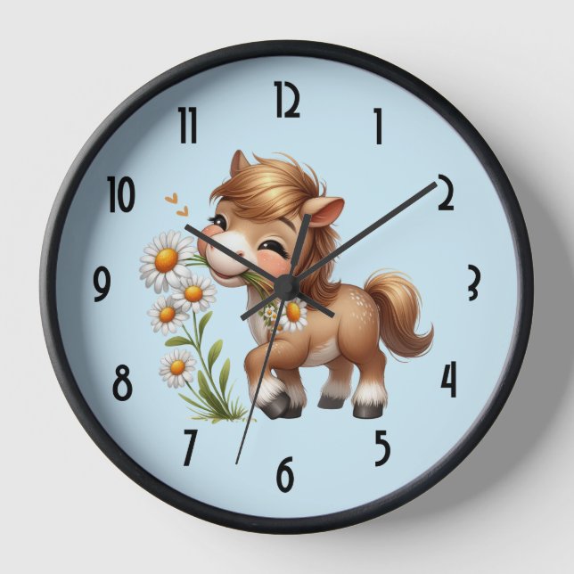 Cute Pony Eating Daisies Clock (Front)