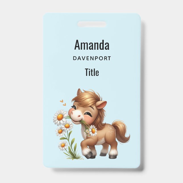 Cute Pony Eating Daisies ID Badge (Front)