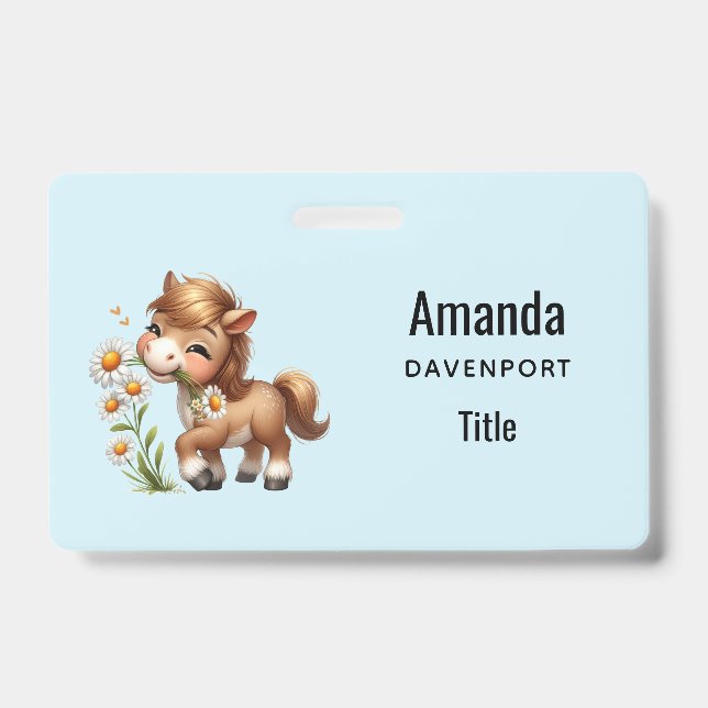 Cute Pony Eating Daisies ID Badge (Front)