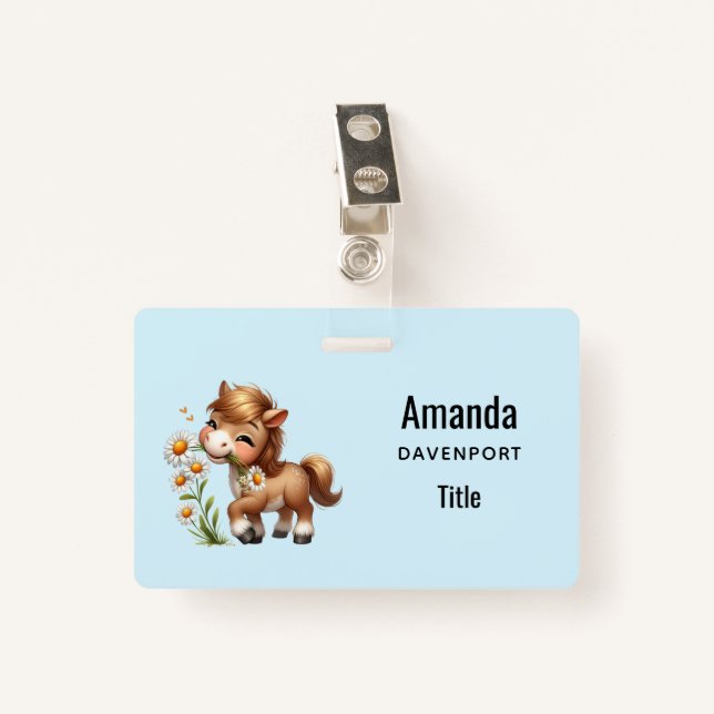 Cute Pony Eating Daisies ID Badge (Front with Clip)