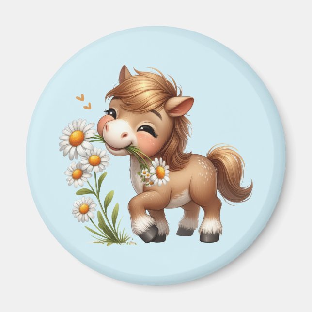 Cute Pony Eating Daisies Magnet (Front)