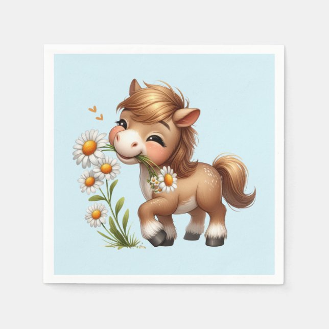 Cute Pony Eating Daisies Napkin (Front)