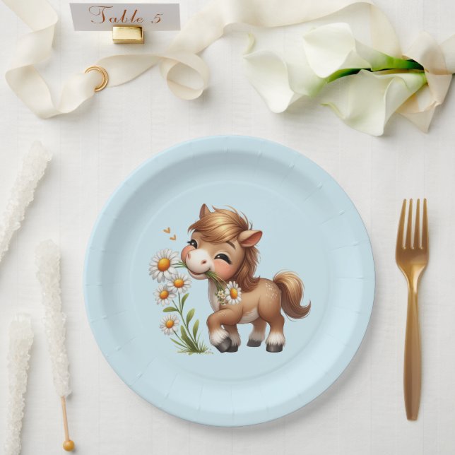 Cute Pony Eating Daisies Paper Plate (Wedding)